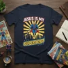 Jesus Is My Superhero t-shirt design featuring a flying superhero with a cross symbol and cityscape background