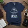 Jesus Is The Answer t-shirt with a cross in clouds graphic and inspirational text