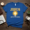 Jesus Light of the World t-shirt with a white cross inside a sunburst graphic