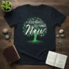 Jesus Makes All Things New t-shirt with a green tree graphic and white text