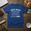 Jesus Math 5 + 2 = 5000 T-Shirt featuring loaves and fishes graphic, white text on blue shirt