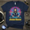 Navy blue t-shirt with "Jesus Raves" text and Jesus depicted as a DJ with headphones and turntables