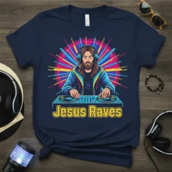 Navy blue t-shirt with "Jesus Raves" text and Jesus depicted as a DJ with headphones and turntables