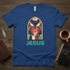 Jesus Rock Hand Heart Stained Glass T-Shirt design featuring the word JESUS below a stylized stained glass window with a