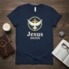 Navy t-shirt with "Jesus SAVES" text and a graphic of a dove with a cross