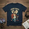 Jesus Saves retro gamer t-shirt with Jesus playing video games surrounded by Pac-Man style ghosts and pixels