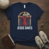 Jesus Saves t-shirt design featuring Jesus in a soccer goal with a soccer ball, white text below