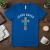 Jesus Saves t-shirt with a colorful stained-glass style cross graphic and white text