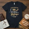 Jesus Solves My Problems Baking Solve The Rest quote on a black t-shirt with baking graphics like a rolling pin