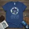 Jesus take the wheel t-shirt design with a steering wheel surrounded by blue flowers and bold text