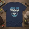 Jesus and Fishing t-shirt design with text and a graphic of a fish, cross, and fishing rod