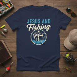 Jesus and Fishing t-shirt design with text and a graphic of a fish, cross, and fishing rod