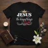 Black t-shirt with "JESUS the king of kings king" text and a gold crown graphic