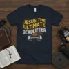 Jesus The Ultimate Deadlifter t-shirt with barbell graphic and stars, navy blue tee