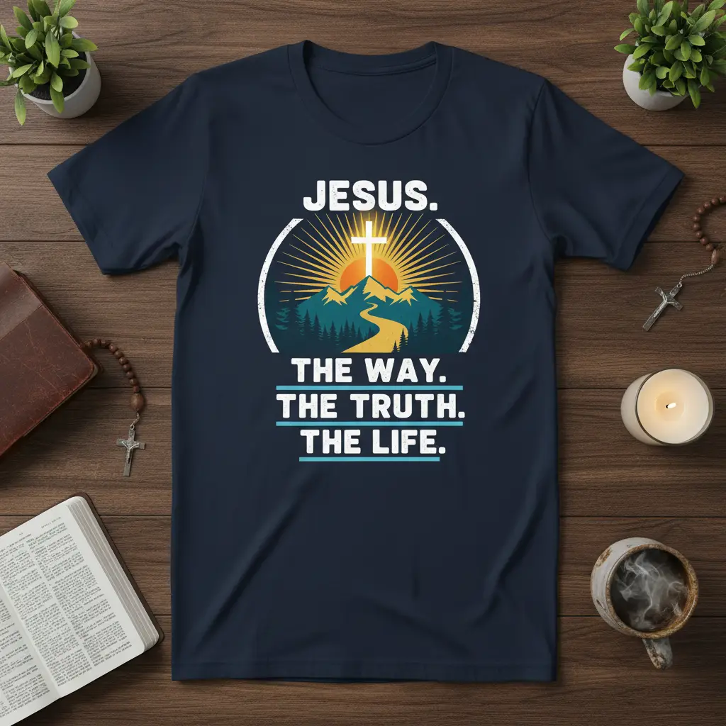Jesus The Way The Truth The Life quote on a navy t-shirt with a vibrant sunrise and cross graphic