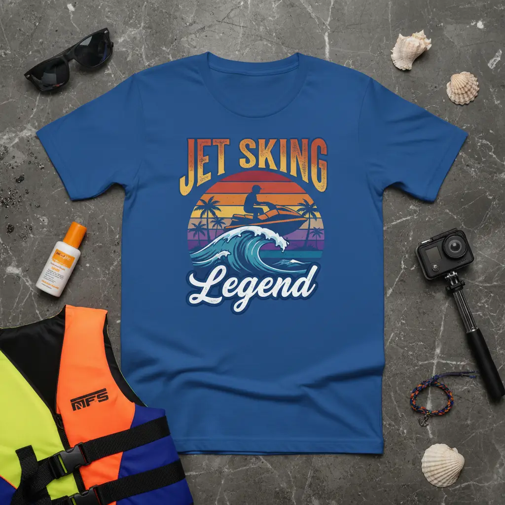 Jet Skiing Legend text over a retro sunset graphic with a jet ski rider and ocean wave