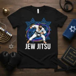 Jew Jitsu T-Shirt featuring a bearded fighter in a gi with Star of David emblem and blue Star of David