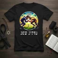 Jew Jitsu t-shirt design featuring two wrestlers in a ring under a menorah, with Hebrew text below