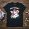 JEWNICORN text with a colorful unicorn on a yellow Star of David graphic, surrounded by stars and clouds
