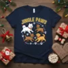 Jingle Paws t-shirt design with four cute puppies, festive bells, and paw prints in a circle, with the words Jingle