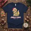 Jingle Paws Stella Cruz Christmas Dog T-Shirt featuring a golden retriever wearing a Santa hat and tangled in Christmas lights