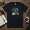 Black t-shirt with the word JIREH and a crowned olive tree graphic, representing faith and God as provider
