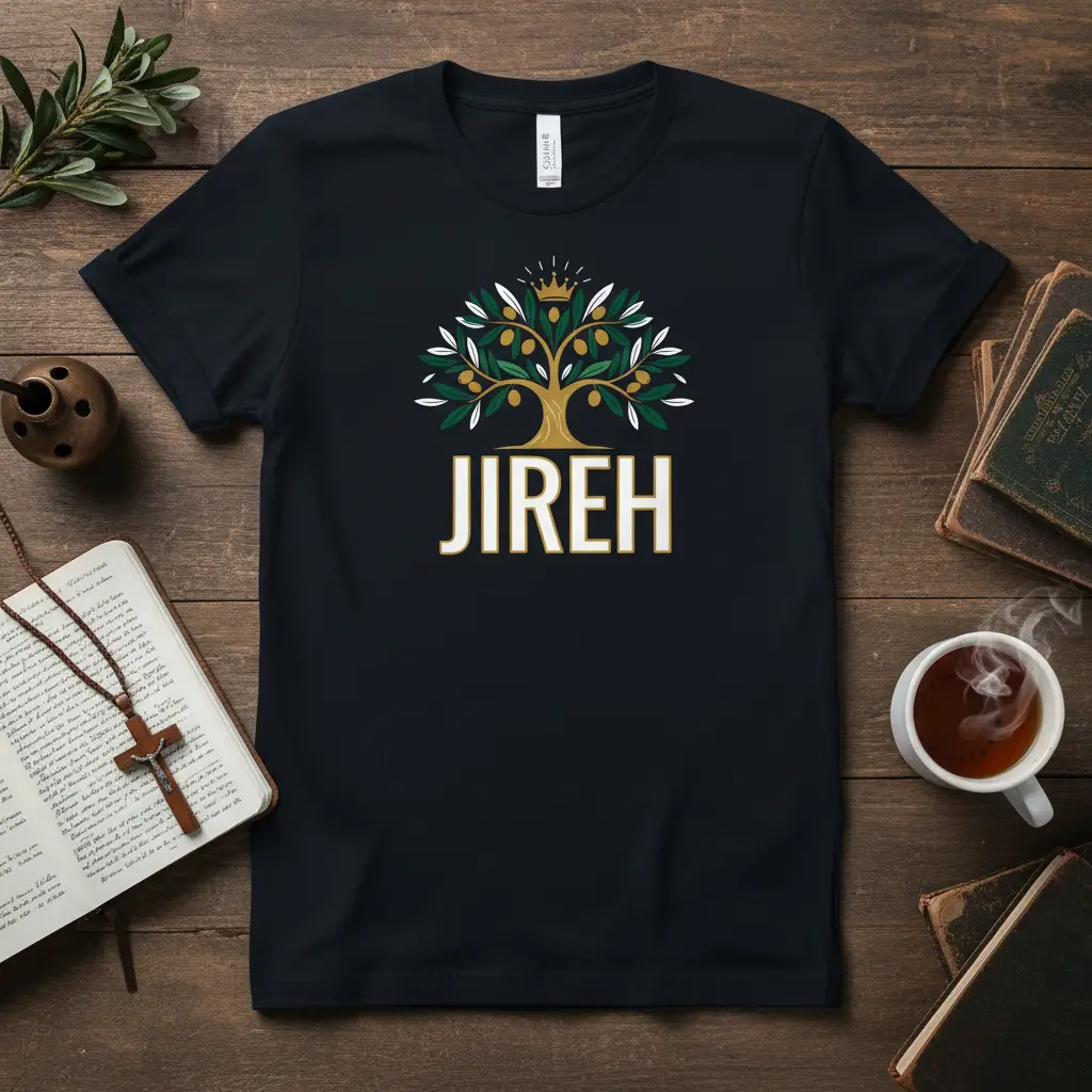 JIREH name with crowned olive tree graphic on a black t-shirt, symbolizing faith and provision