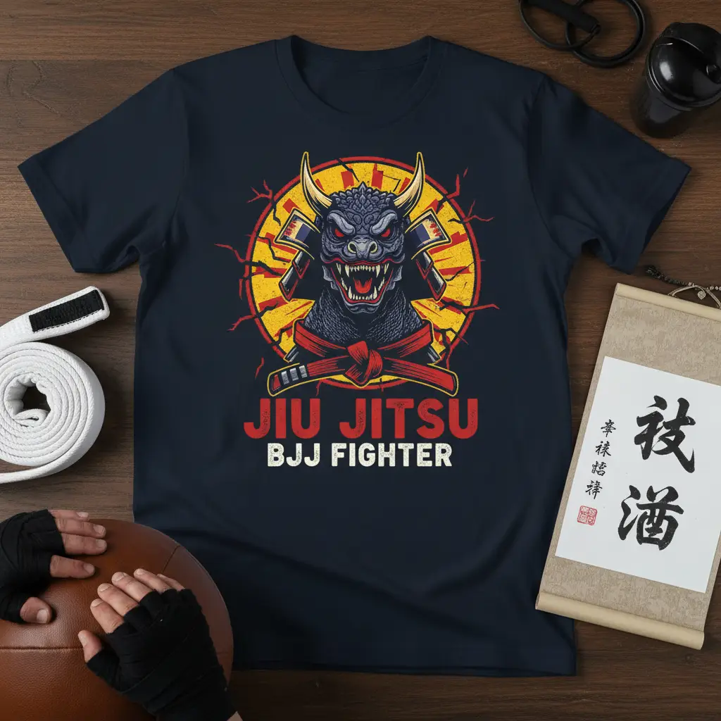 Fierce dragon warrior in samurai armor graphic for Jiu Jitsu BJJ Fighter t-shirt design