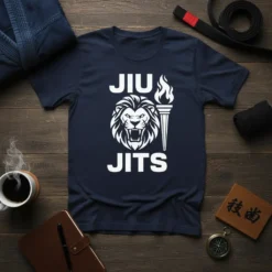 Jiu Jitsu Lion Torch T-Shirt with a white lion head graphic and flaming torch, representing martial arts and BJJ spirit