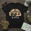 JLTV military vehicle graphic t-shirt with two round insignia, featuring a tan tactical truck in a dusty landscape