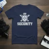 Navy blue t-shirt with white text "JOB SECURITY" in a shield emblem graphic, representing security professionals