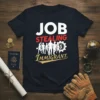 Job Stealing Immigrant text design with silhouettes of workers and a dollar sign gear, on a navy t-shirt
