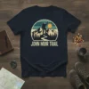 John Muir Trail hiking t-shirt design featuring a silhouette hiker on a mountain path with sun and trees