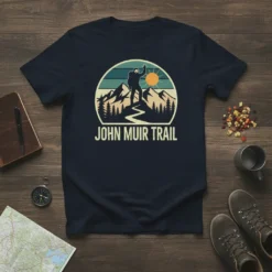 John Muir Trail hiking t-shirt design featuring a silhouette hiker on a mountain path with sun and trees