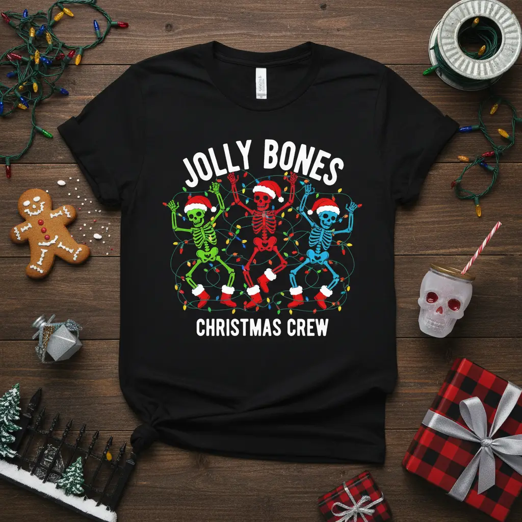 Jolly Bones Christmas Crew festive skeleton design with dancing skeletons and holiday lights