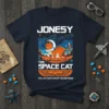 Jonesy the Space Cat t-shirt design with text and an orange cat in a spacesuit on a planet, with a
