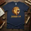 Joshua 1:9 Bible verse t-shirt with a roaring lion graphic in gold and brown on a navy shirt