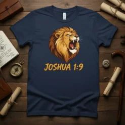 Joshua 1:9 Bible verse t-shirt with a roaring lion graphic in gold and brown on a navy shirt