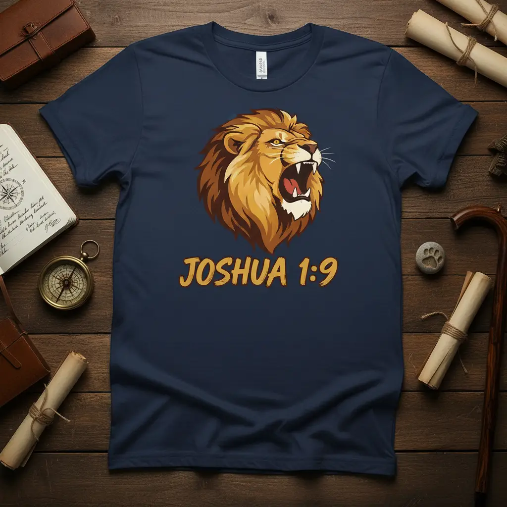 Joshua 1:9 Bible verse t-shirt featuring a roaring lion illustration in gold and brown on a navy blue tee