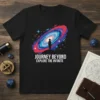 Journey Beyond Explore The Infinite quote with a silhouette of a person gazing at a colorful galaxy design on a