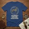 Journey Explore Discover quote t-shirt with a greyhound dog in a celestial circle design