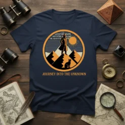 Navy t-shirt with 'Journey Into The Unknown' text and a circular graphic of a figure on a mountain peak with