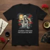 T-shirt featuring "Journey Through The Celestial Mist" text with a Japanese woman, Mount Fuji, lantern, and red spider lilies