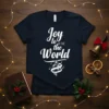 Joy to the World Christmas T-Shirt with globe and musical notes graphic in white lettering on a navy shirt