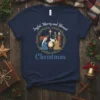 Joyful Merry and Blessed Christmas Nativity scene with Mary, Joseph, baby Jesus, ox, and sheep inside a wreath