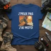 French "J'peux pas j'ai moto" motocross rider design with a dirt bike jumping and sunset background