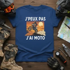 French "J'peux pas j'ai moto" motocross rider design with a dirt bike jumping and sunset background