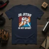 Ju Jitsu Is My Sport T-Shirt featuring two men in gis grappling, with vintage stripes and bold text