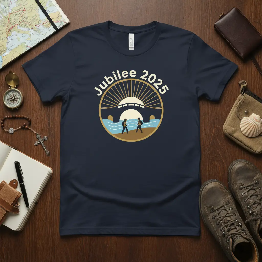 Jubilee 2025 commemorative design with hikers crossing a bridge over water, symbolizing celebration and journeys
