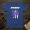 Judgment Day graphic t-shirt design featuring an angelic warrior holding scales and a sword, with purple smoke effect